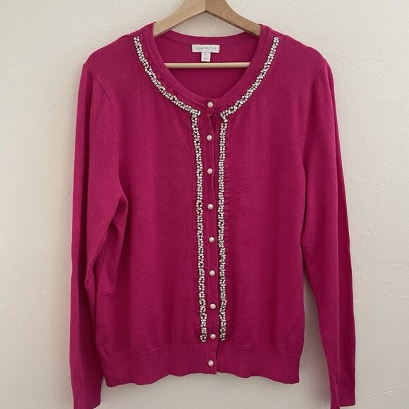 Charter Club Cotton Embellished Rhinestone Pearl Cardigan Hot Pink Retro Size XL - Picture 1 of 8
